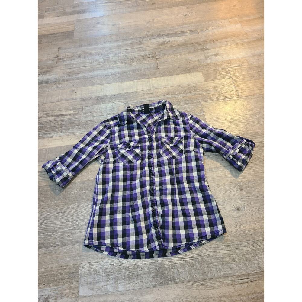 Vintage collection medium youth black and purple plaid button down girls shirt